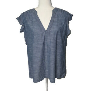 Sundance Womens L Top Boho Blue Chambray Flutter Sleeve Lightweight Travel Basic